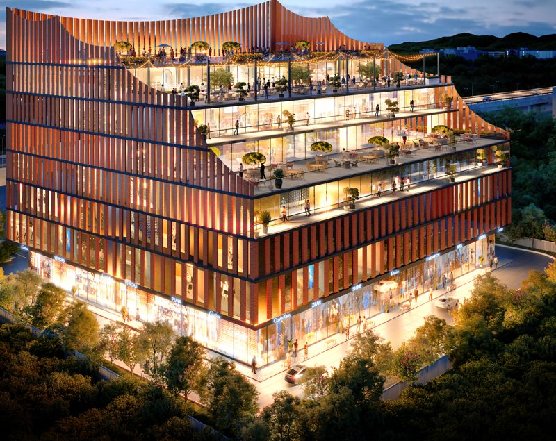 Aerial view of The Peak with terraces on the upper floors, artist's impression